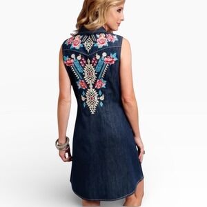 Stetson L/XL Embroidered Denim Sleeveless Western Cowgirl Prairie Shirt Dress